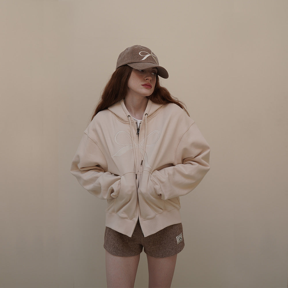 Cream Velvet Ribbon Hoodie Zip-up