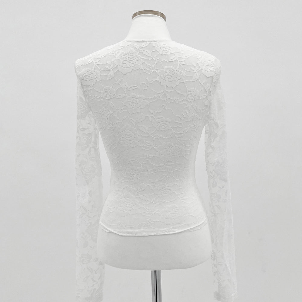 See-through White Ribbon Lace Long Sleeve Top (White)