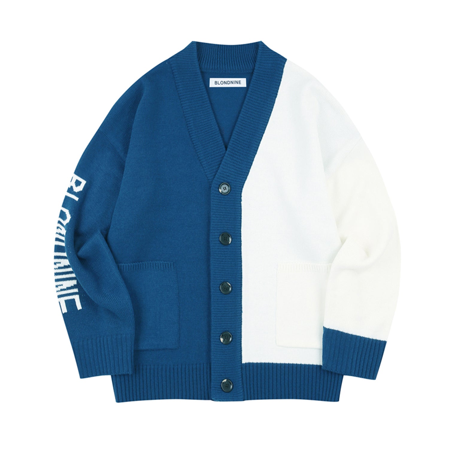 INTARSIA HALF HALF KNIT CARDIGAN_BLUE