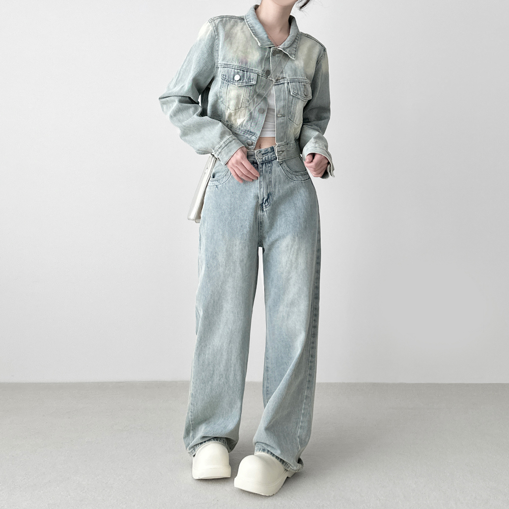 (SET) Washed Denim Crop Jacket Wide Pants Two Piece