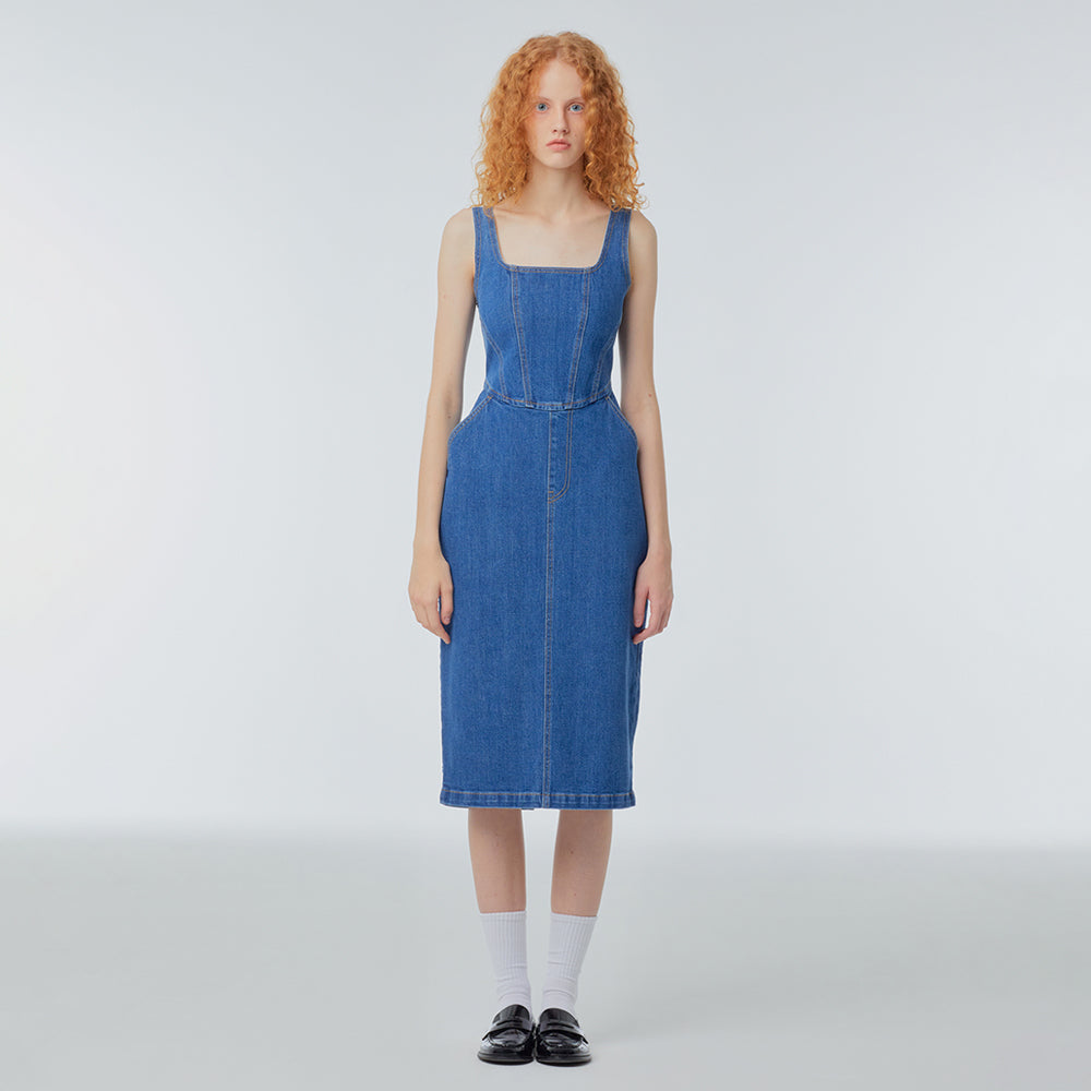 Square-neck denim corset dress