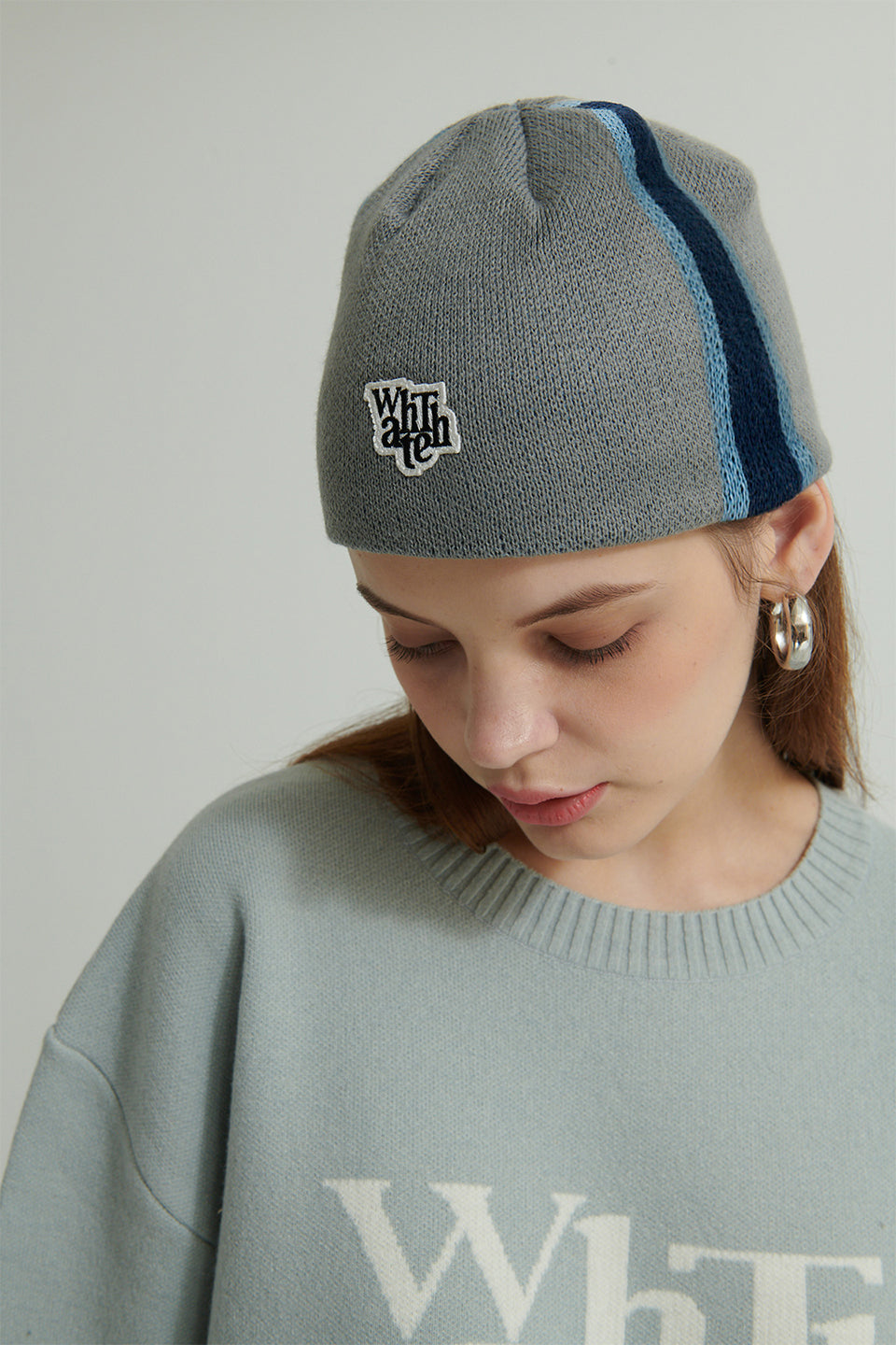 WHATTHE Logo Stripe Beanie Grey