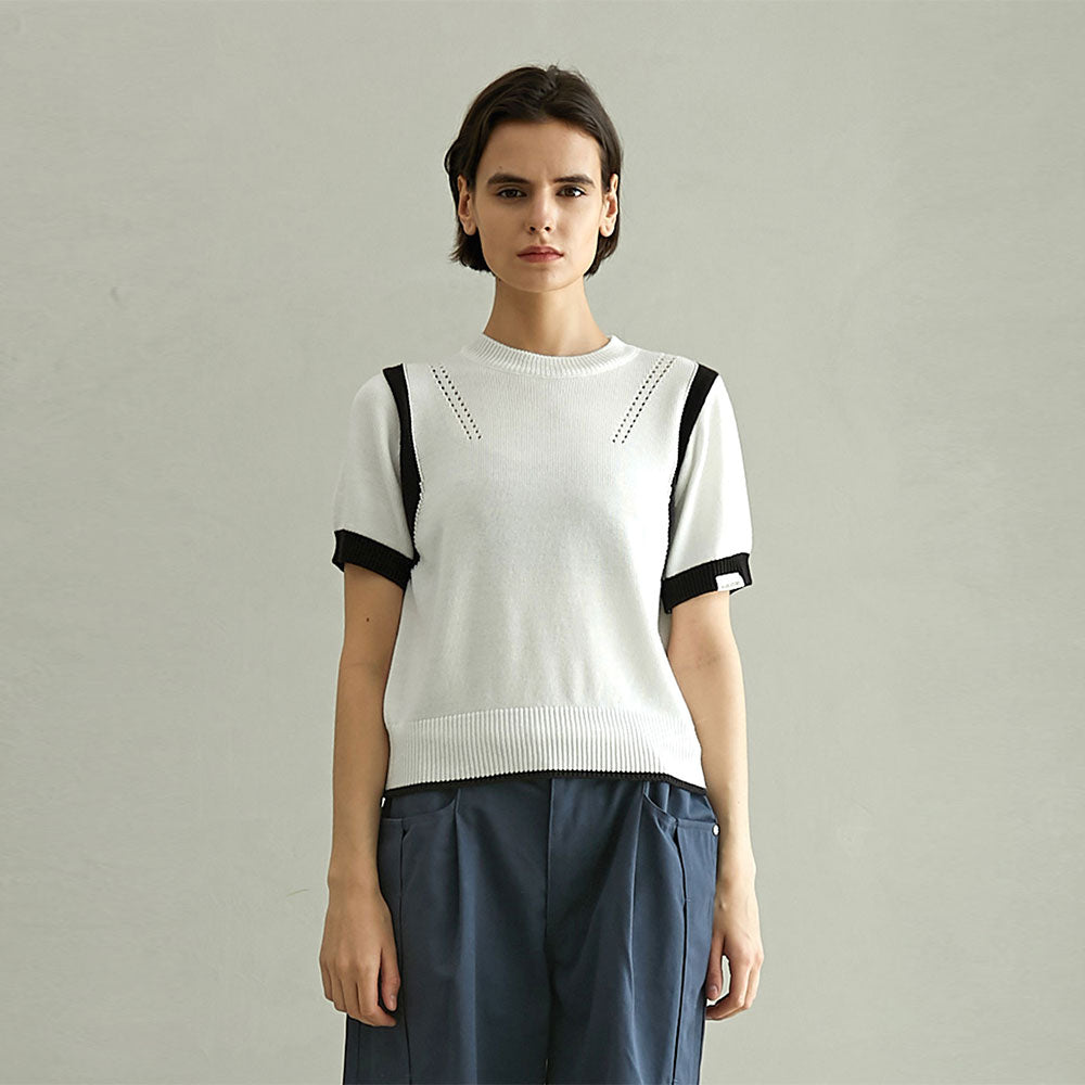 SHOULDER CONTRAST HALF SLEEVE KNIT (WHITE)