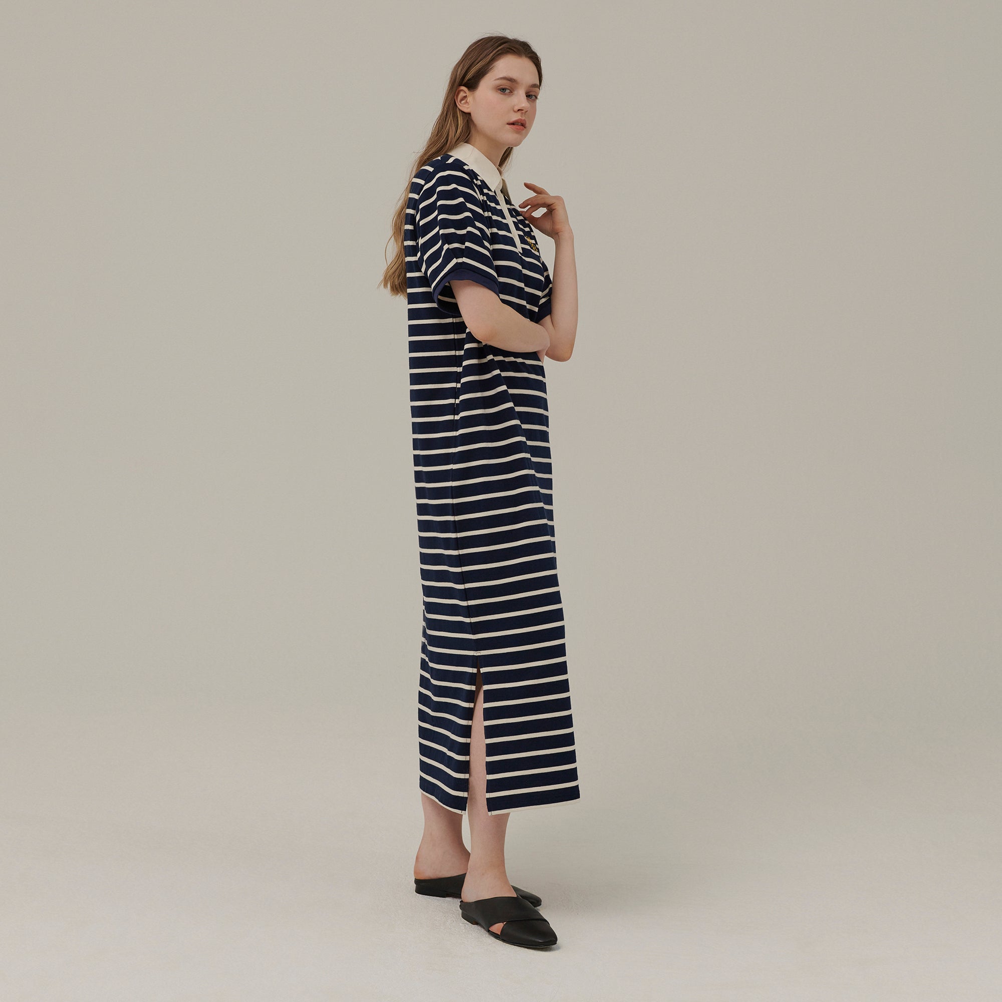 STRIPE COLLAR MAXI DRESS_NAVY