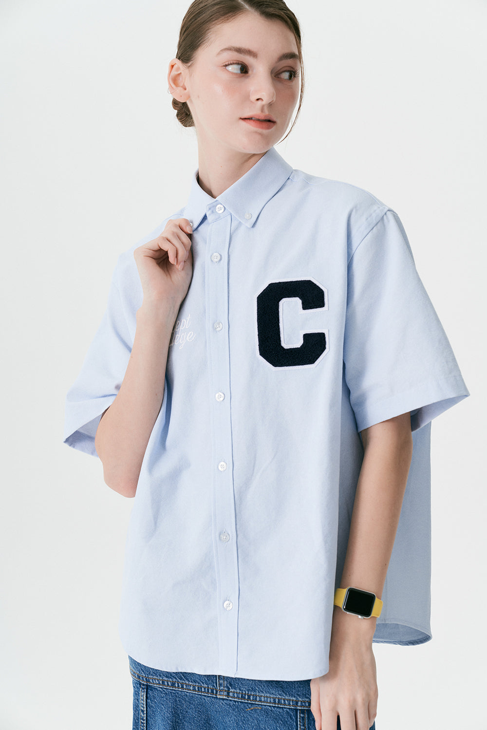 C Patch Short-Sleeved Unisex Sky blue Oxford Shirt