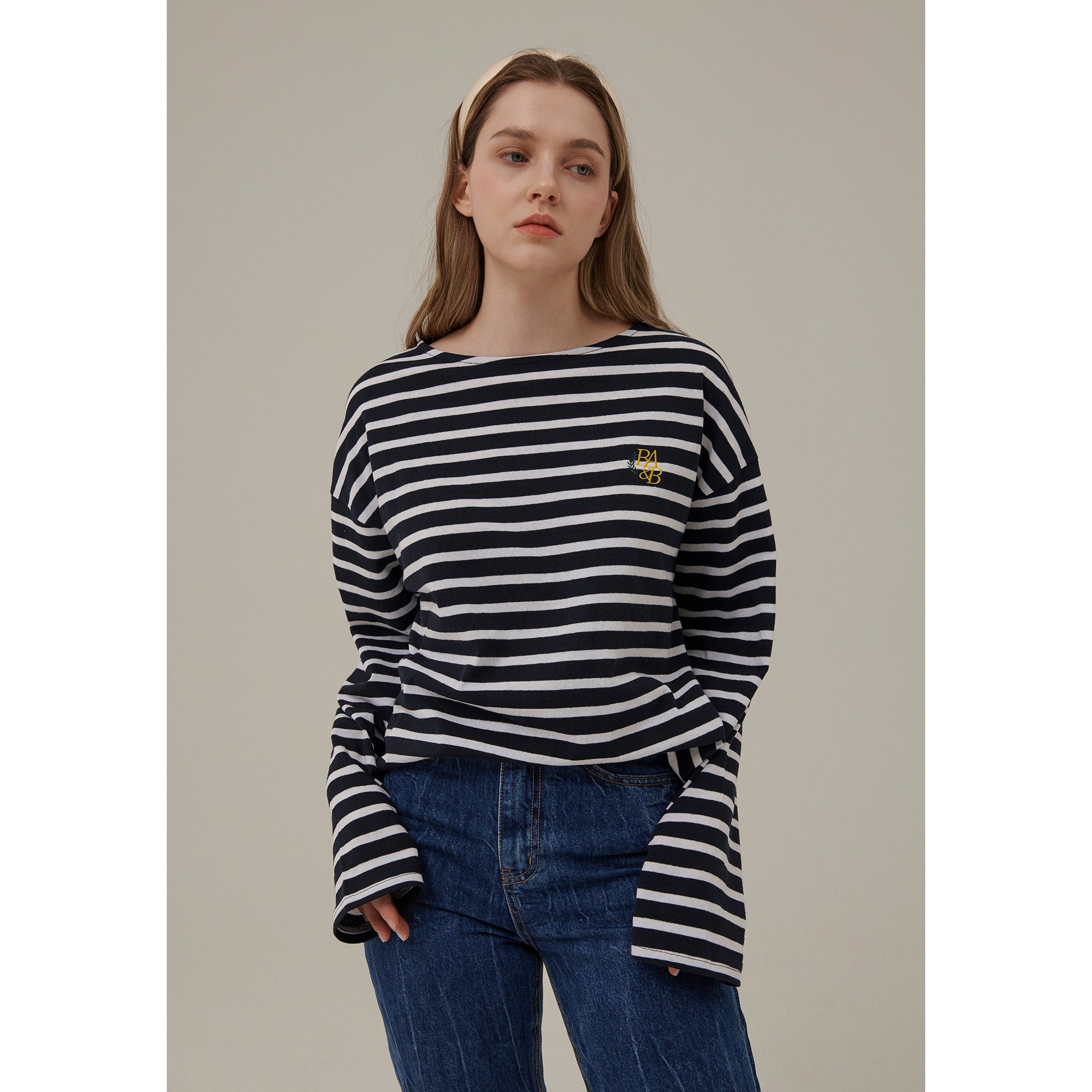 SMALL LOGO STRIPE LONG SLEEVE T-SHIRT_NAVY