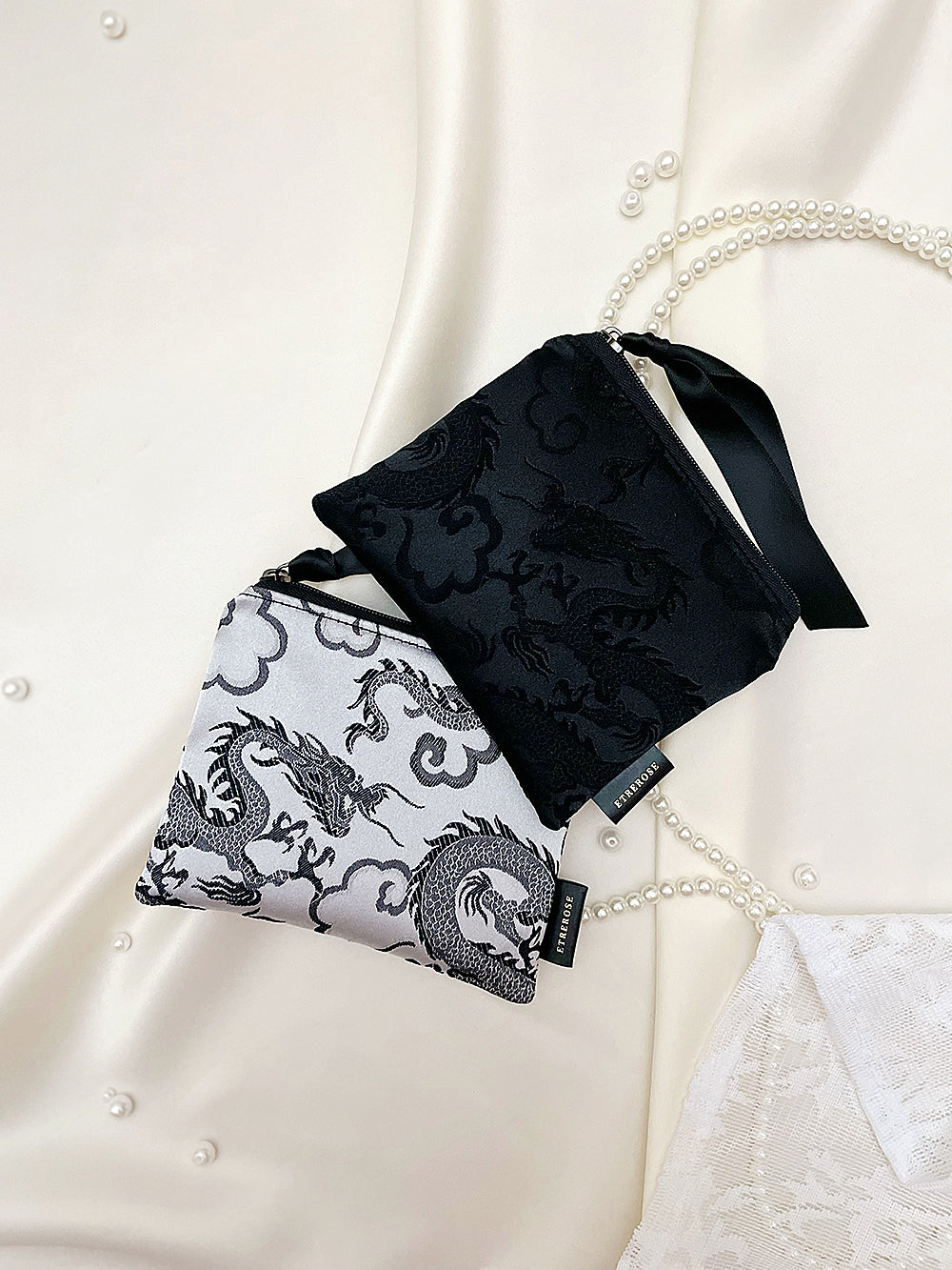 Dragon Embroidery Satin Zip-pouch (S/2color)