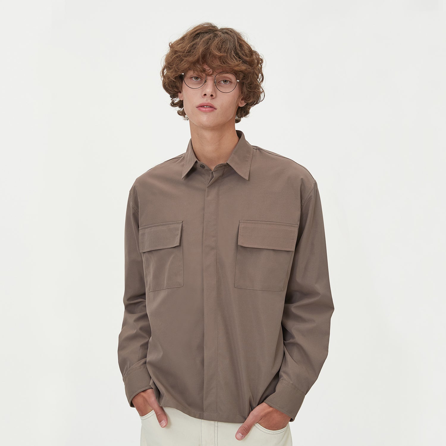 TWO POCKET HIDDEN BUTTONS SHIRTS_BROWN