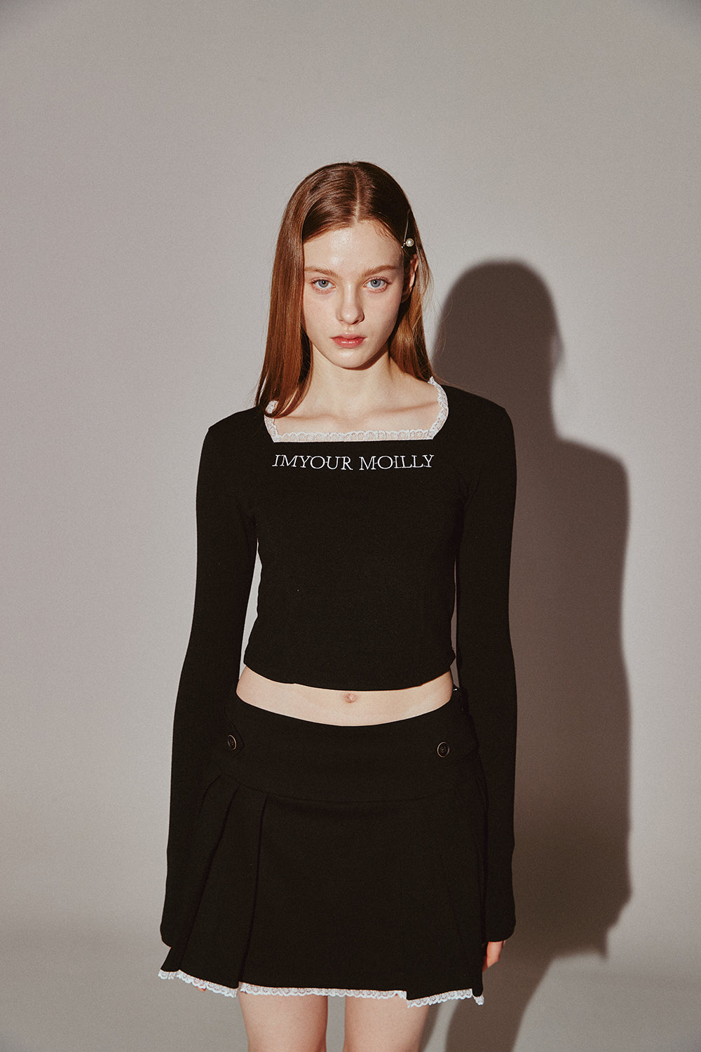 Square Neck Lace Long Sleeve Black