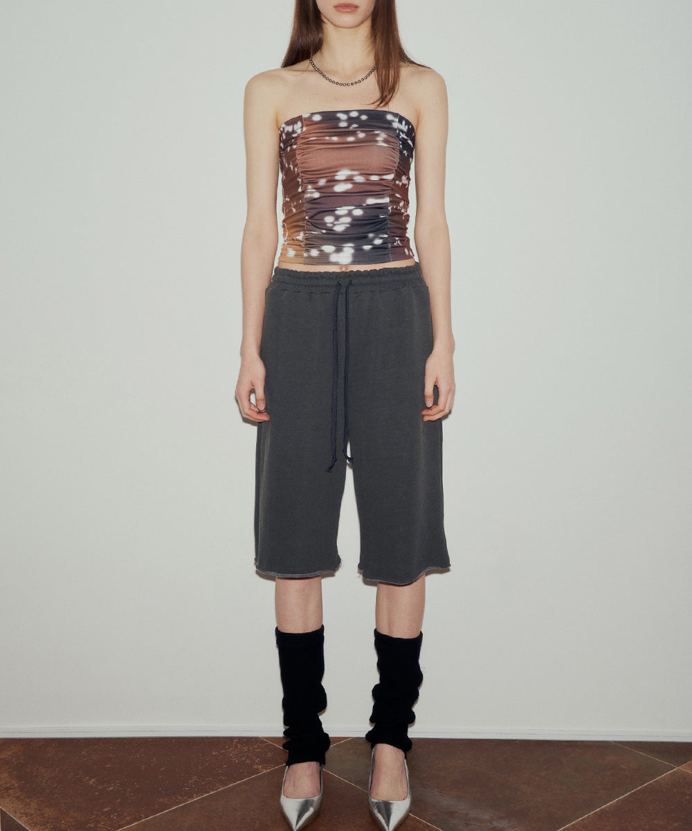 PRINTED SHIRRING TUBE TOP (BROWN)