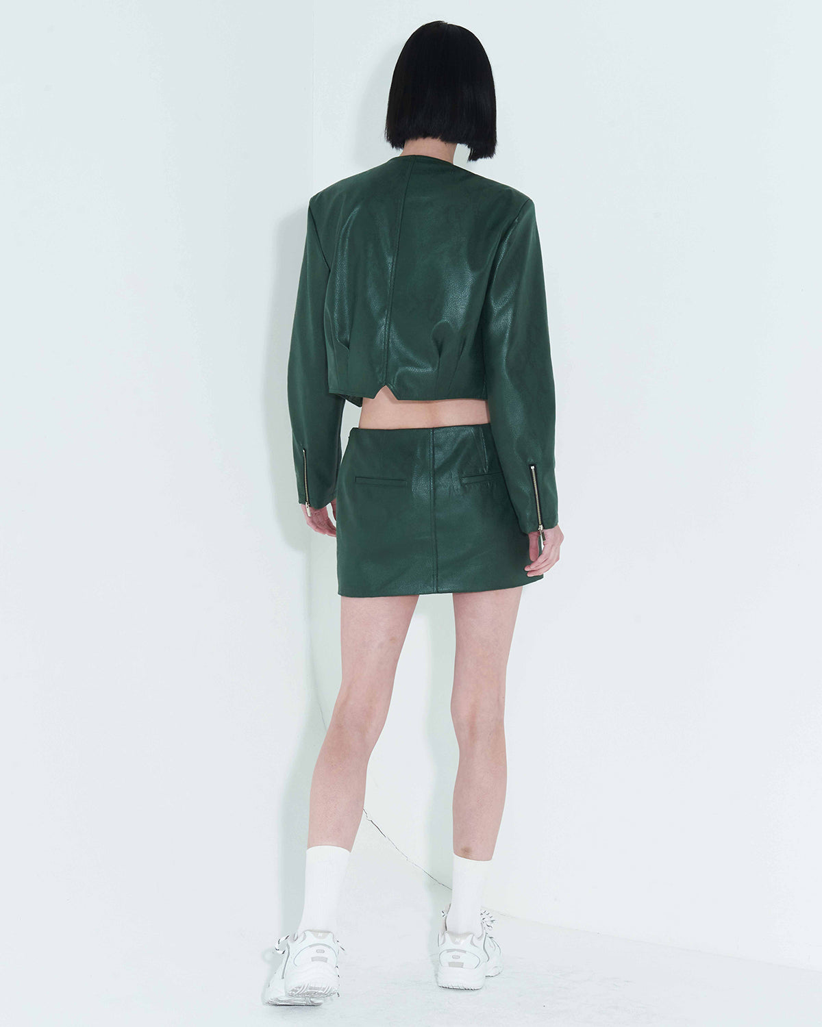 Faux-Leather Cropped Zip-Up Jacket _ Green