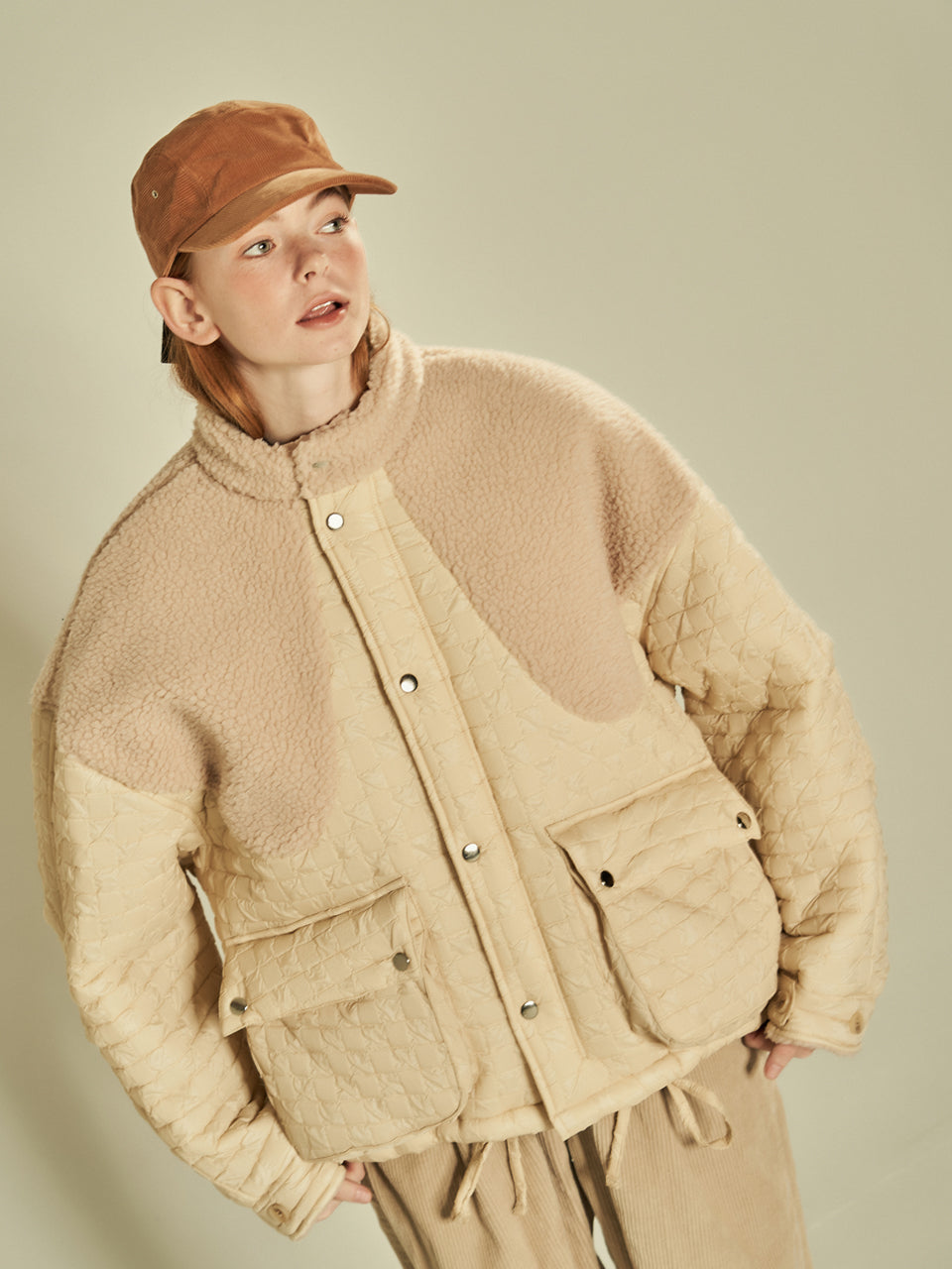 Fleece Block Quilted Jumper (Beige)