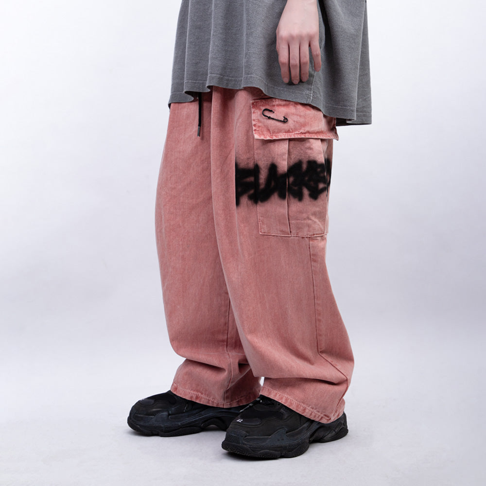 BBD Graffiti Logo Wide Denim Cargo Pants (Dusty Pink)