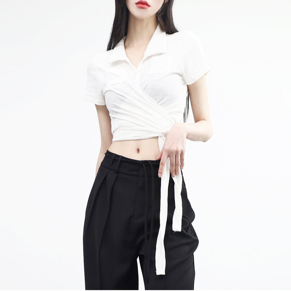 Waist Wrap Collar Cropped T-Shirt