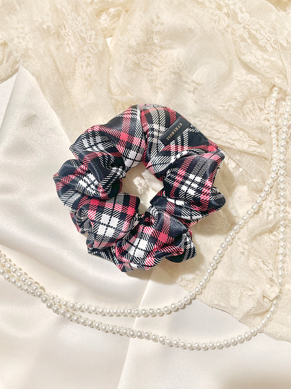 Check Printing Satin Hair Scrunchie (3color)