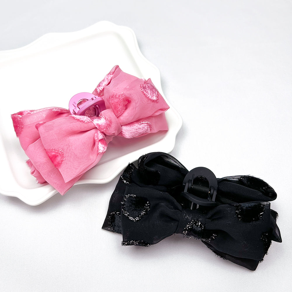 GLITTER HEART CHIFFON RIBBON HAIR CLIP HAIRPIN _ PINK