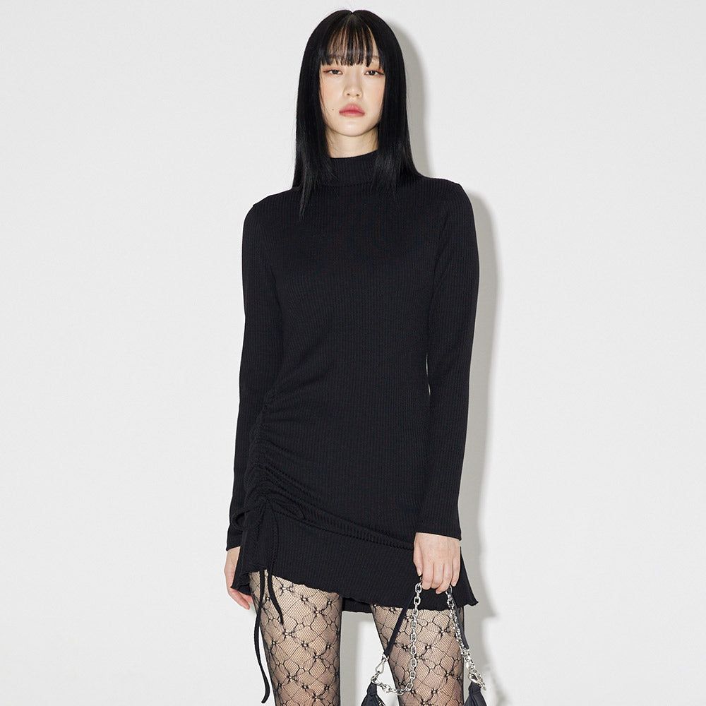 シャーリングハイネックミニドレス / Shirring High-neck Mini Dress [BLACK]