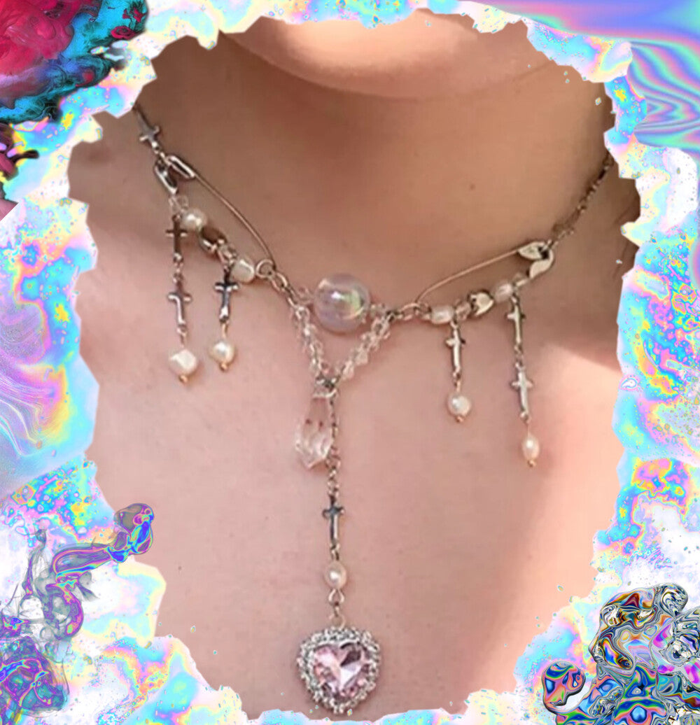 0082 Zirconia heart drop pin necklace