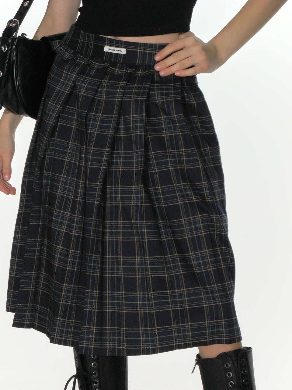 CHECK FRILL PLEATS MIDI SKIRT_NAVY