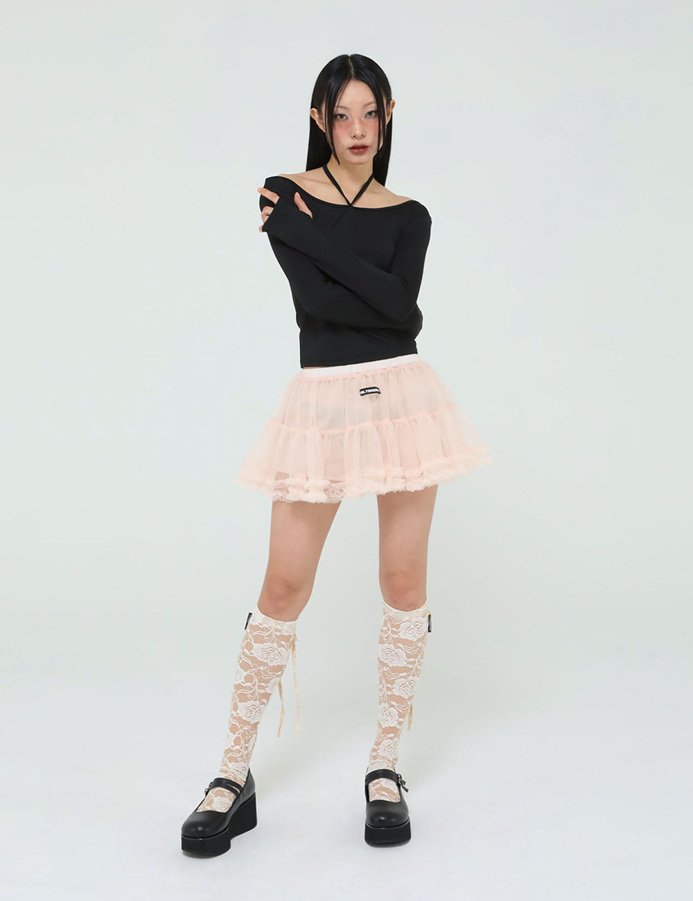 MESH FRILL CANCAN SKIRT(PEACH)