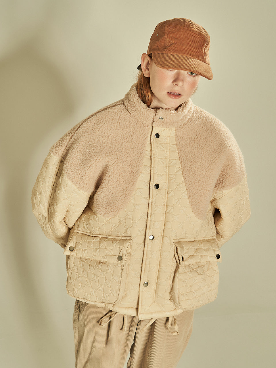 Fleece Block Quilted Jumper (Beige)