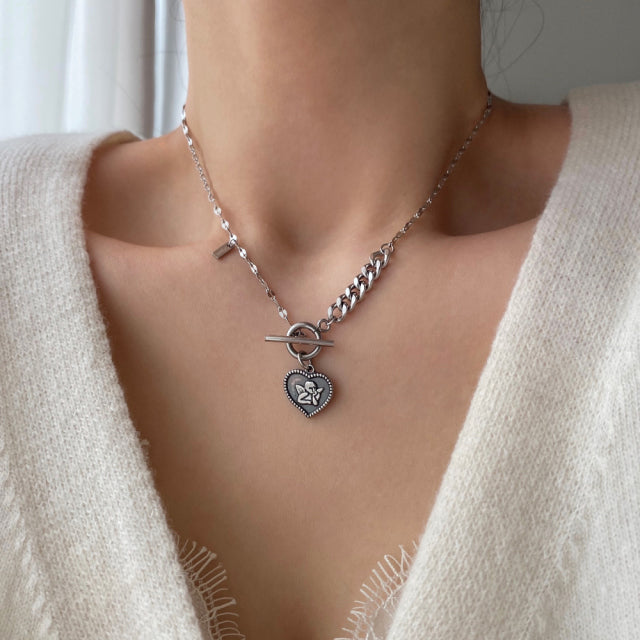 ejj Heart Angel Toggle Bar Bold Necklace