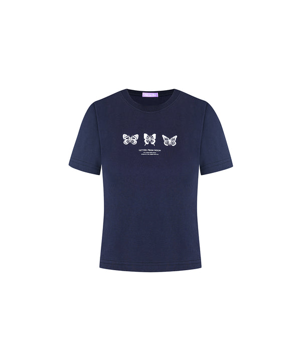 Triple Butterfly Crop Short Sleeve T-shirts ( Navy )