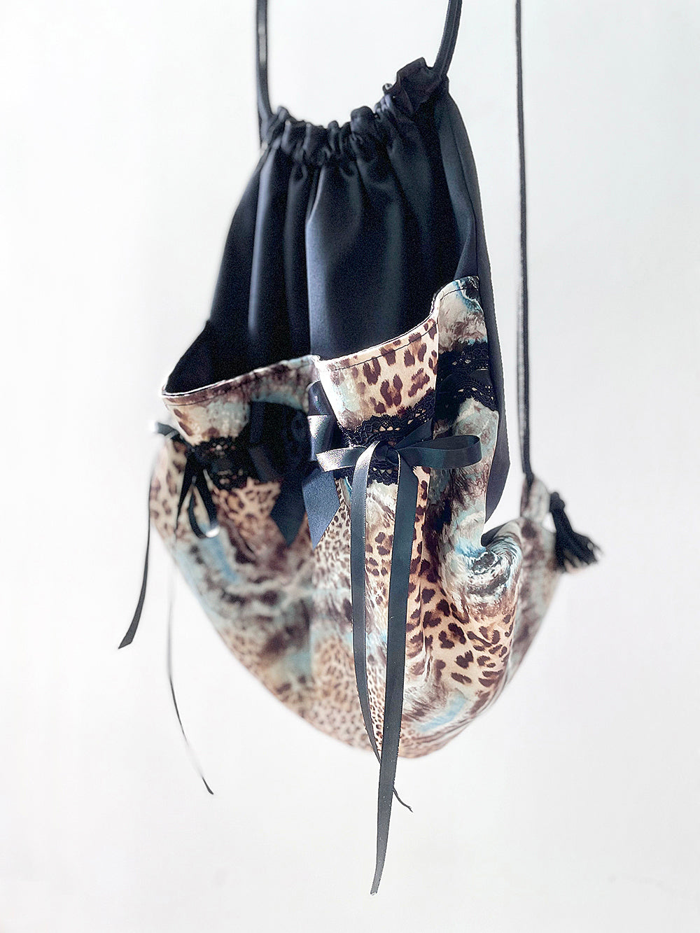 Leopard Tie-Dye Ribbon Lace String Bag (Blue)