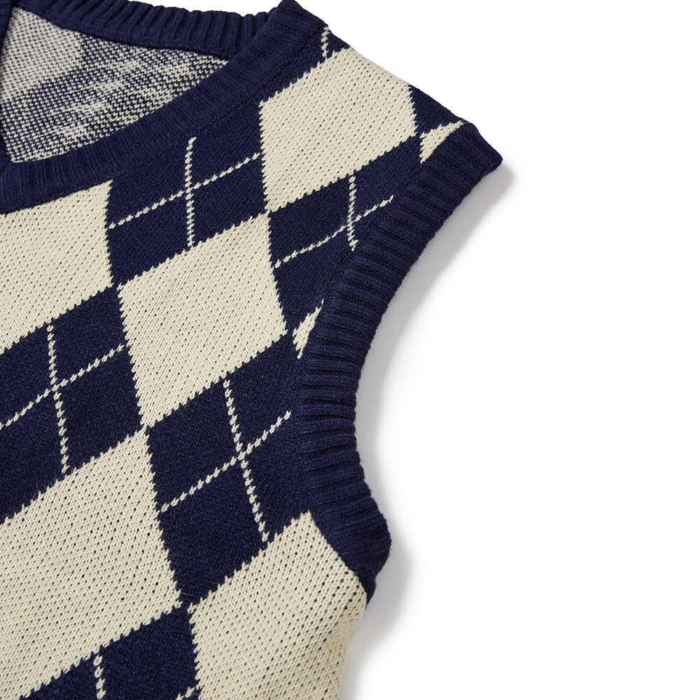 Argyle & hound check knit vest navy