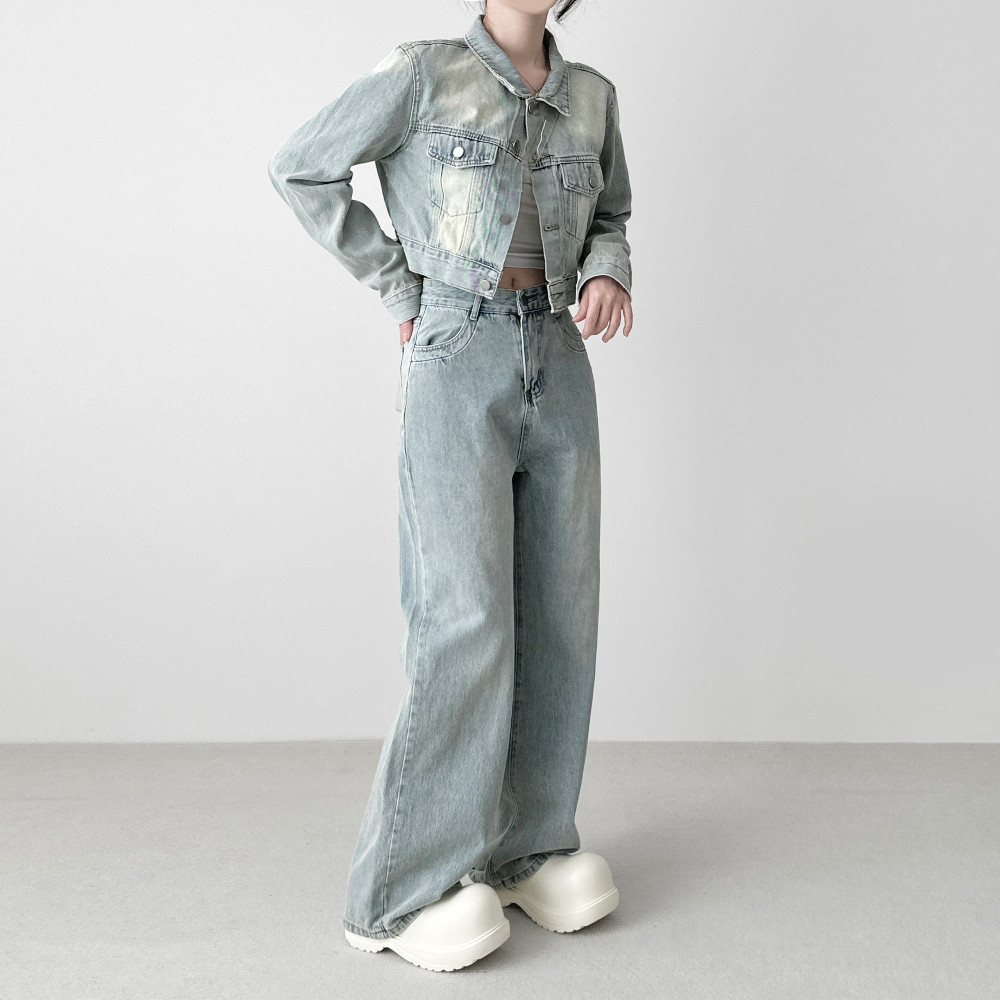 (SET) Washed Denim Crop Jacket Wide Pants Two Piece