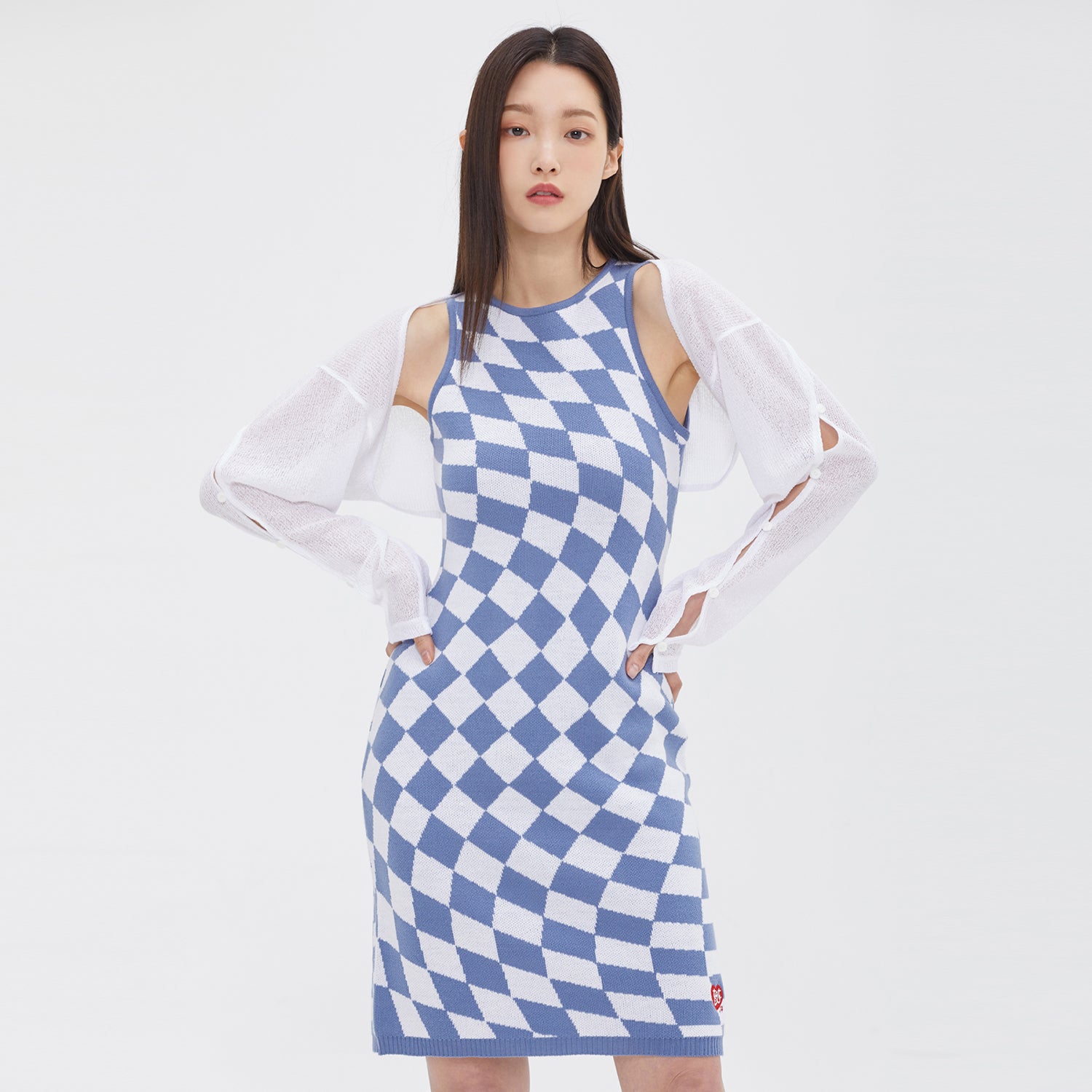 CHECKERBOARD KNIT ONEPIECE(SKY BLUE)