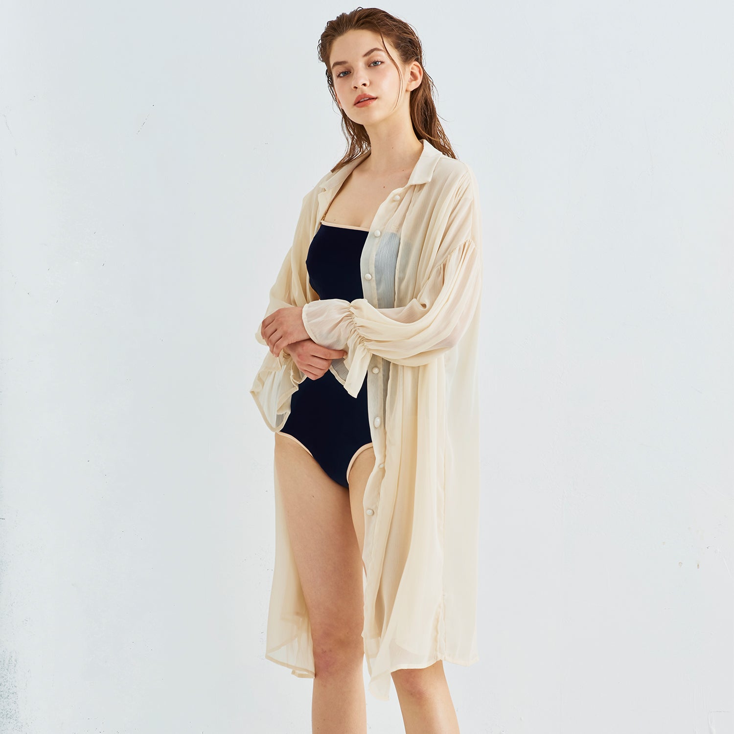 Ruffle sleeve see-through shirt long robe - ivory