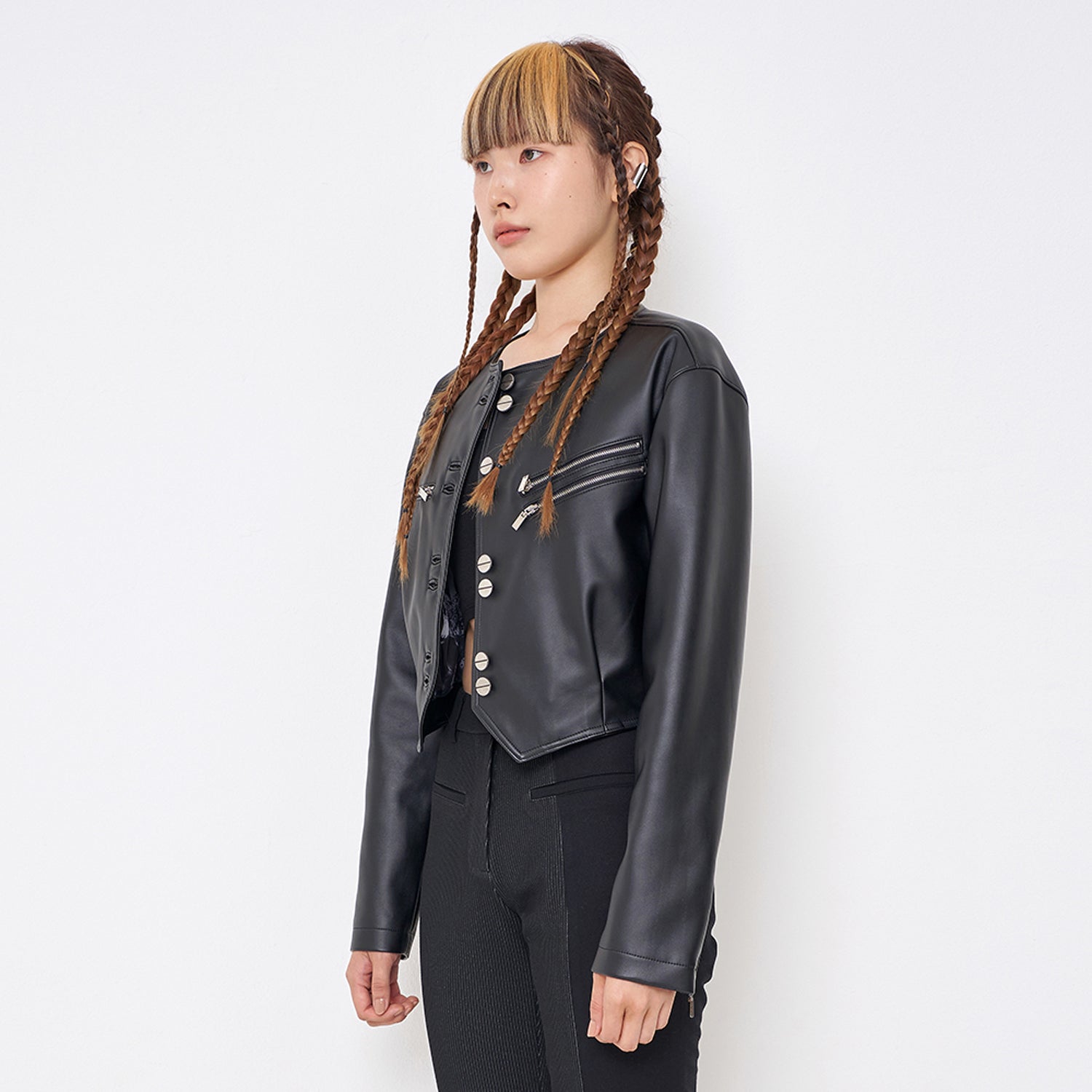 Faux-Leather Cropped Jacket _ Black