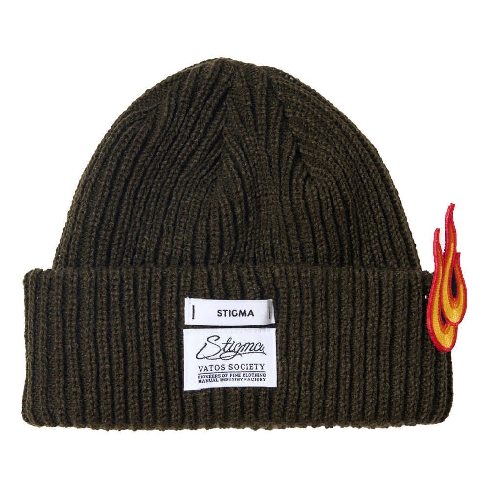 FLAME PATCH EMBROIDERED BEANIE KHAKI/ ORANGE / SKY BLUE /  BLACK