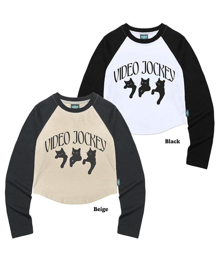 NYANG NYANG NYANG RAGLAN CROP LS T-SHIRTS [BLACK]