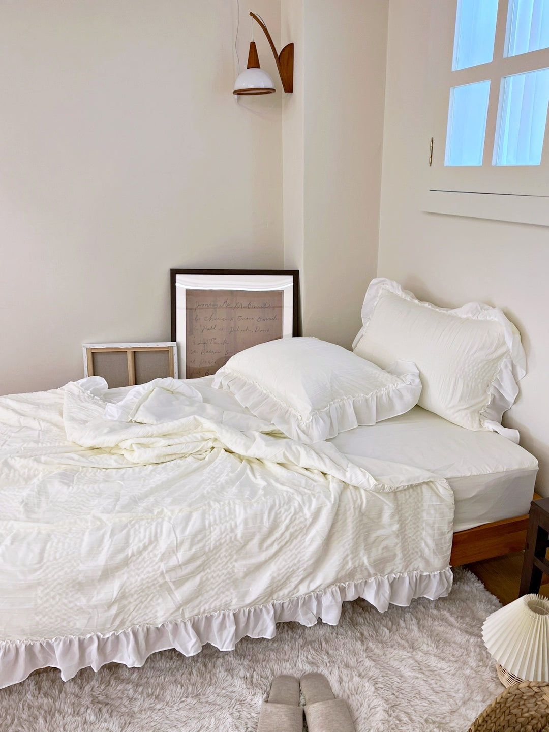 Shirring ruffle light comforter set - Cream white - Q