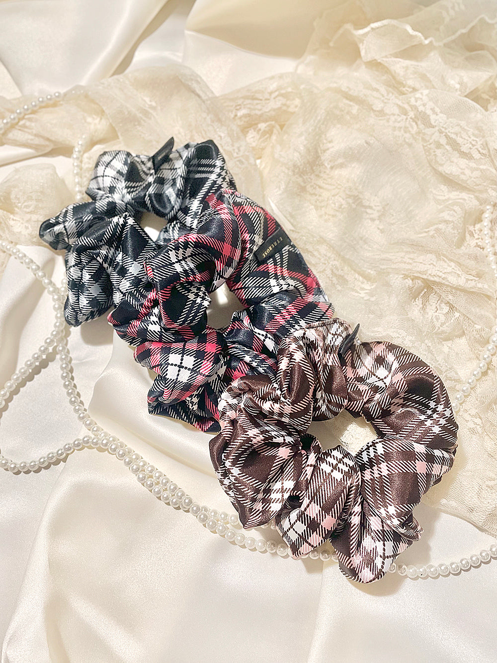 Check Printing Satin Hair Scrunchie (3color)