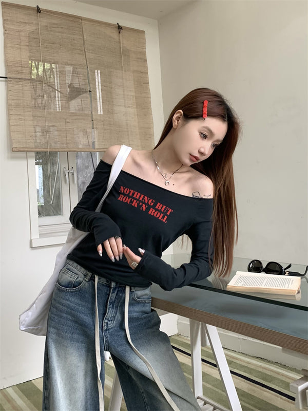 Red lettering off-shoulder tee