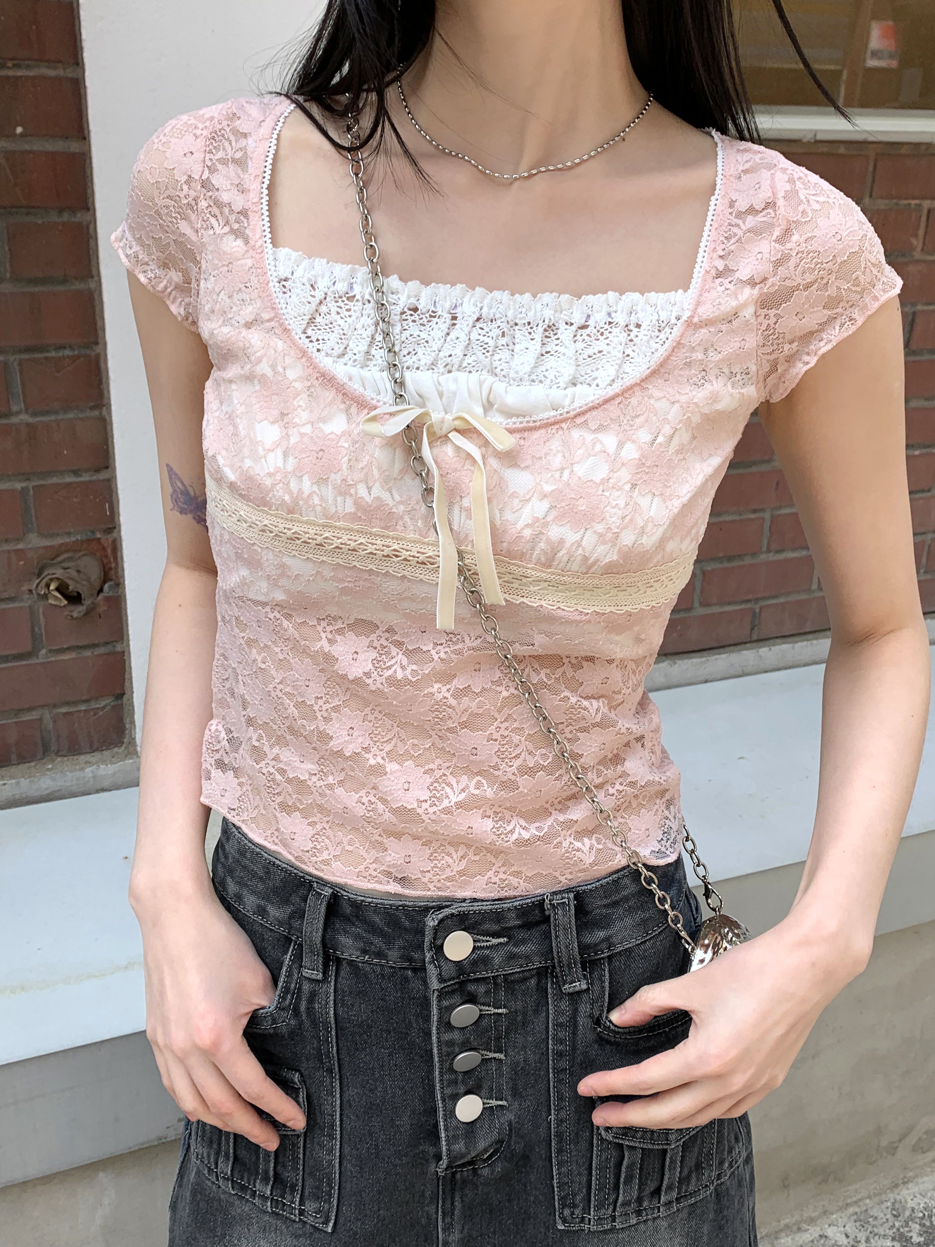 Liwan Pink See-through Lace Ribbon Square Short Sleeve T-shirt