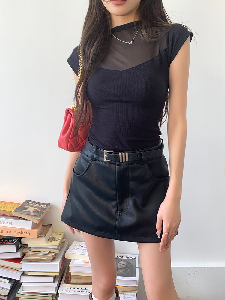 Belted leather short pants skirt