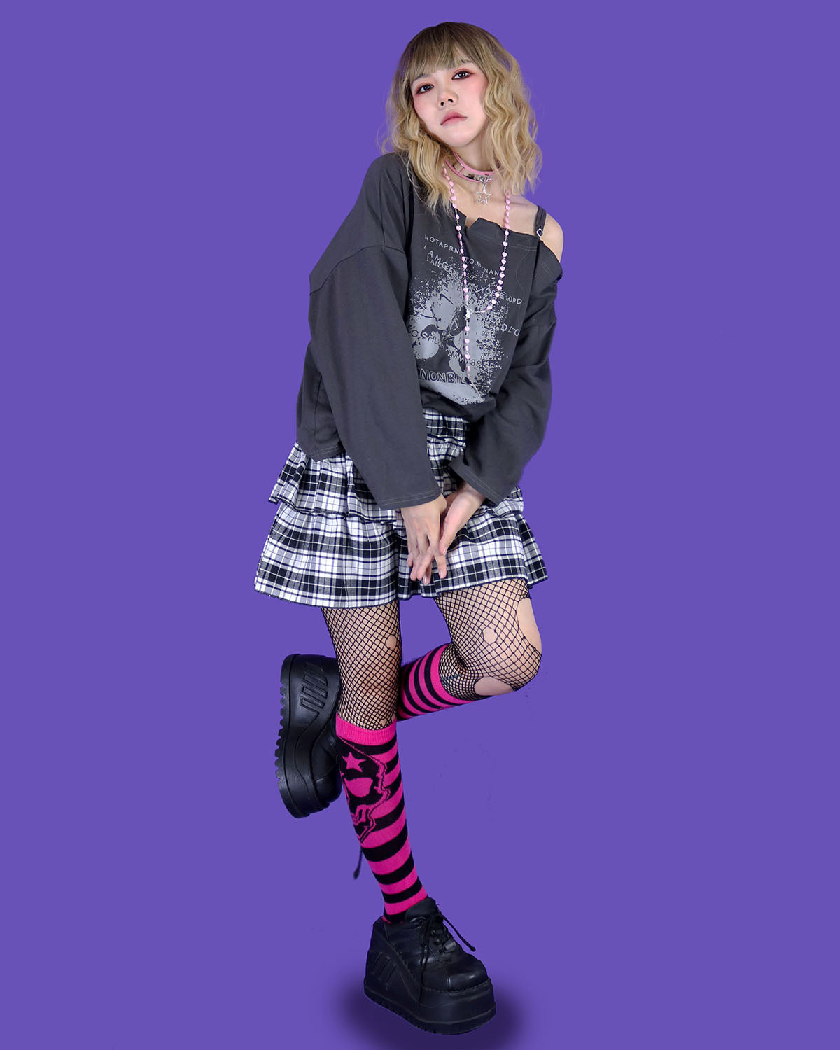 skully punk striped knee-socks (4 color)