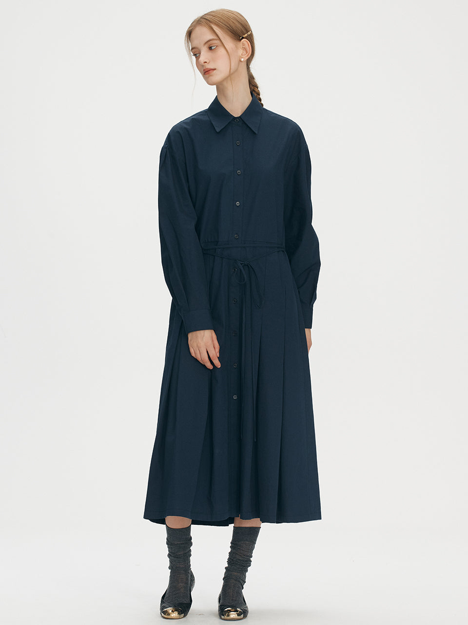 Volume sleeve cotton shirts dress - Navy