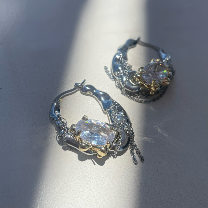 0007 Chain dropped stone silver earrings