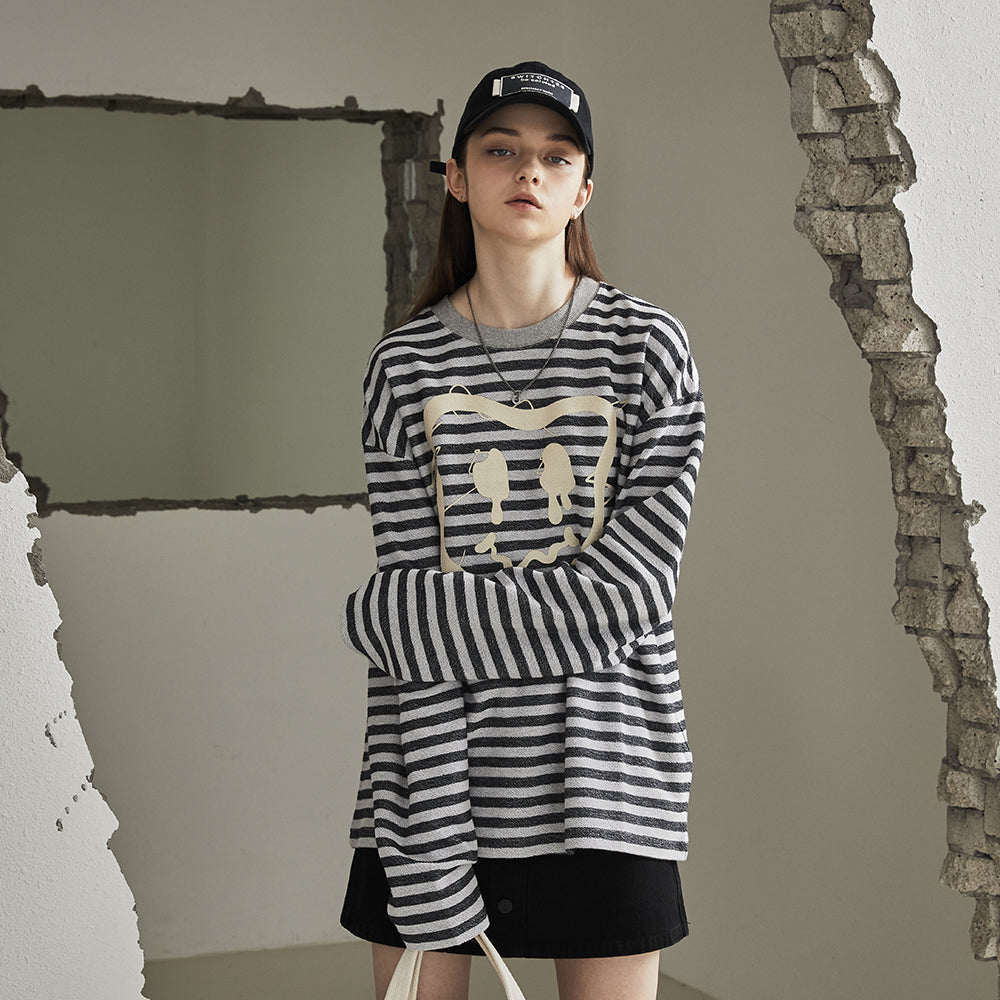 ZOMBIE CONCENTRIC PLUG REVESE STRIPE T-SHIRTS _ MELANGE GREY&NAVY STRIPE