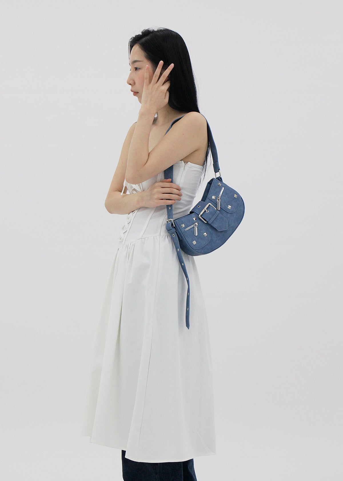 Denim Studded Shoulder Mini Bag (2color)
