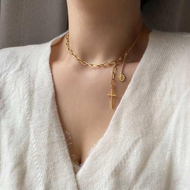 soe Cross Coin Two Way Bold Short Long Necklace