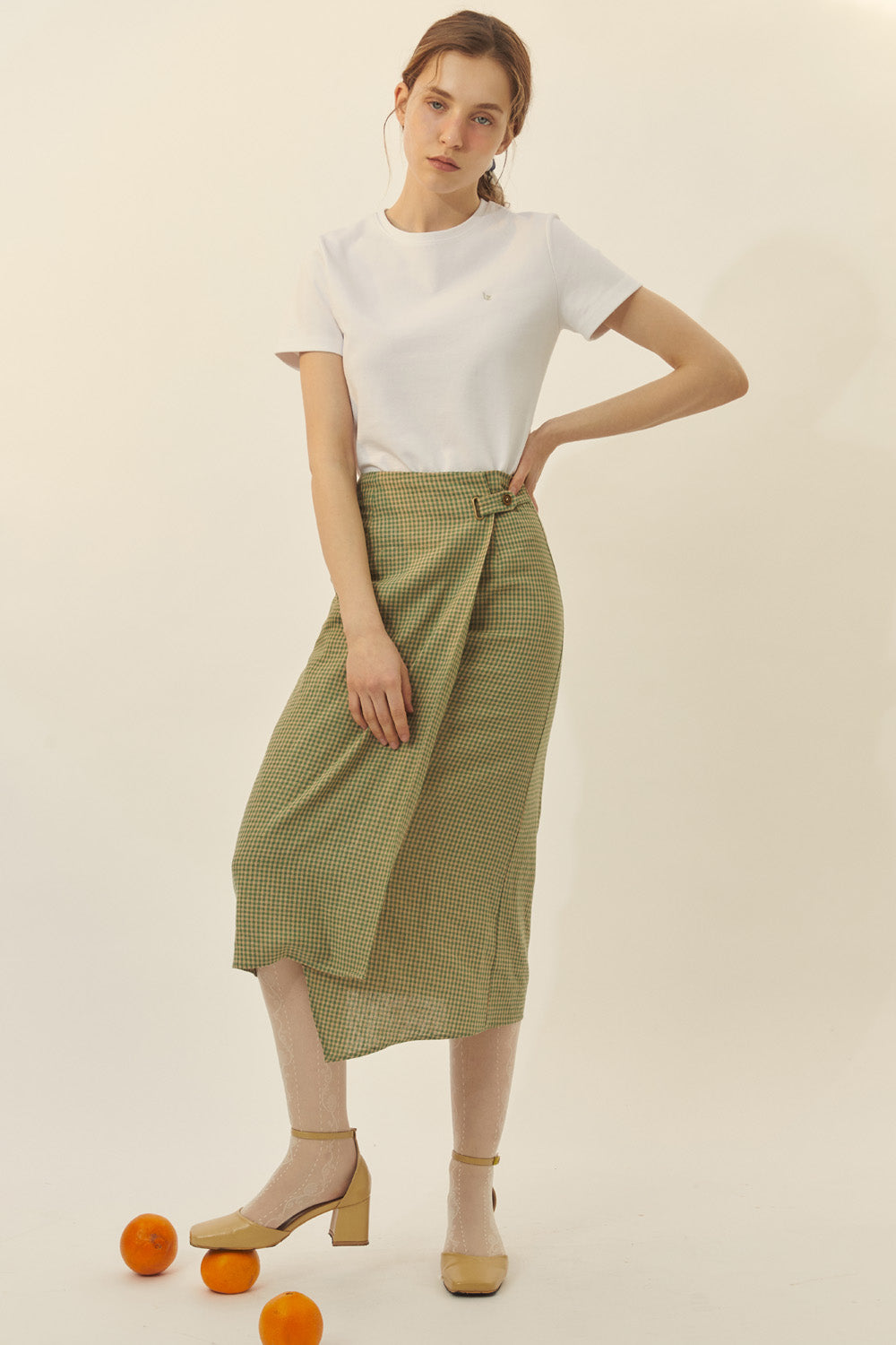 [BREEZE] Check Linen Wrap Skirt_GREEN (CTD1)