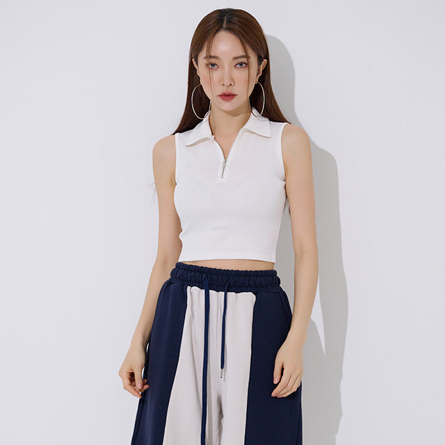 TOP(9354) Collar Half Zip Up Crop Sleeveless