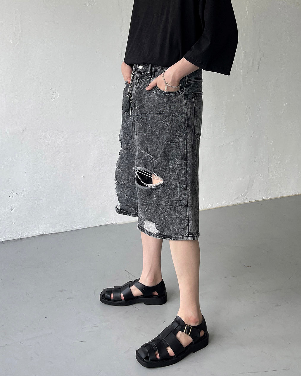 Pulse putty vintage denim Bermuda pants (Black)