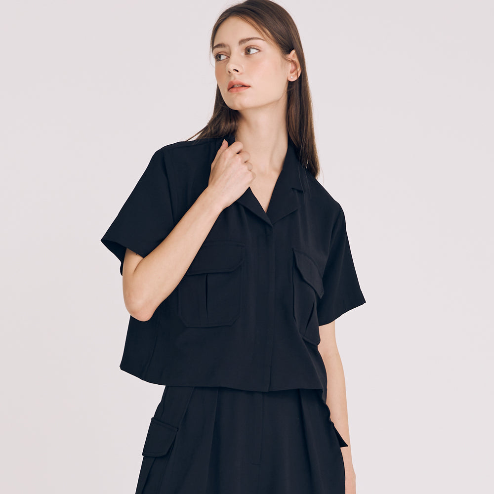 CROP TWO POCKET SHIRT(BLACK)